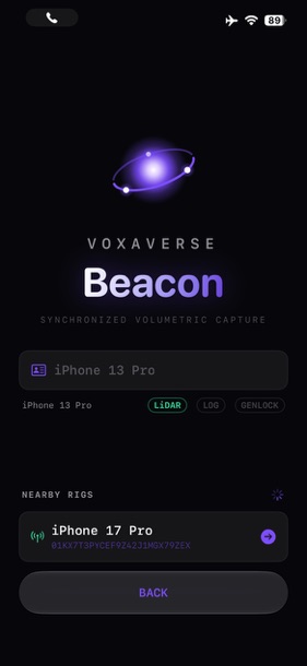 Join screen on iPhone 13 Pro showing a nearby iPhone 17 Pro rig ready to join