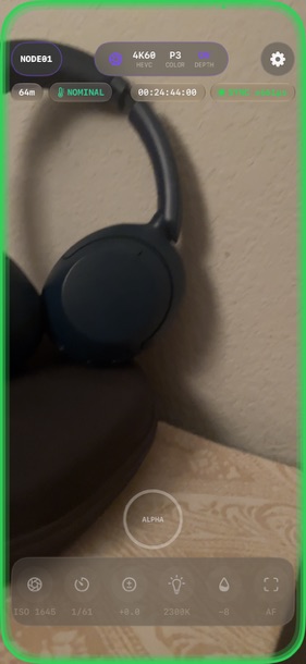 Node viewfinder with manual camera controls and synchronized timecode