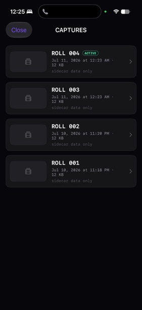 Captures list showing numbered rolls with dates and sidecar data