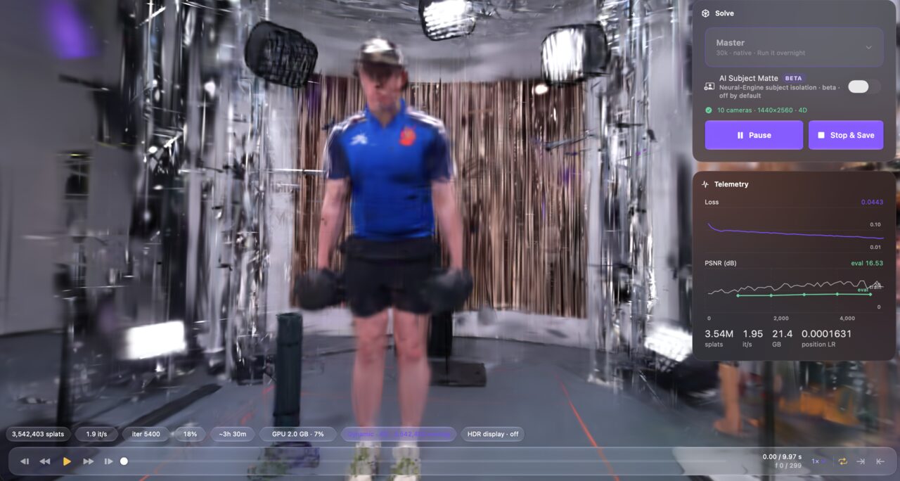 The Prism studio part-way through a Solve: an athlete lifting dumbbells is resolving in the viewport, with the Solve panel naming the quality tier and camera count, and a telemetry rail plotting the loss and evaluation curves beside the splat count, iteration rate and memory in use