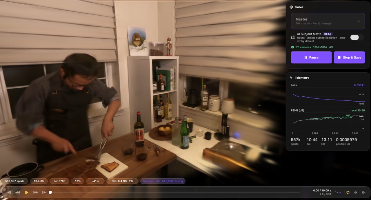 Evaluation still from one of the timed runs: the cut_roasted_beef scene part-way through solving in the studio viewport, with a telemetry rail beside it reporting the loss curve, the evaluation curve, the splat count, the iteration rate and the memory in use